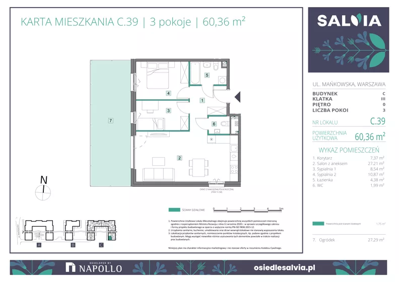 3 pokoje, mieszkanie 60,36 m², parter, oferta nr C.39, Osiedle Salvia, Warszawa, Białołęka, Kobiałka, ul. Mańkowska
