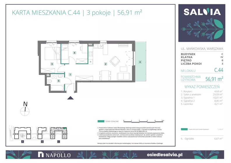 3 pokoje, mieszkanie 56,91 m², parter, oferta nr C.44, Osiedle Salvia, Warszawa, Białołęka, Kobiałka, ul. Mańkowska