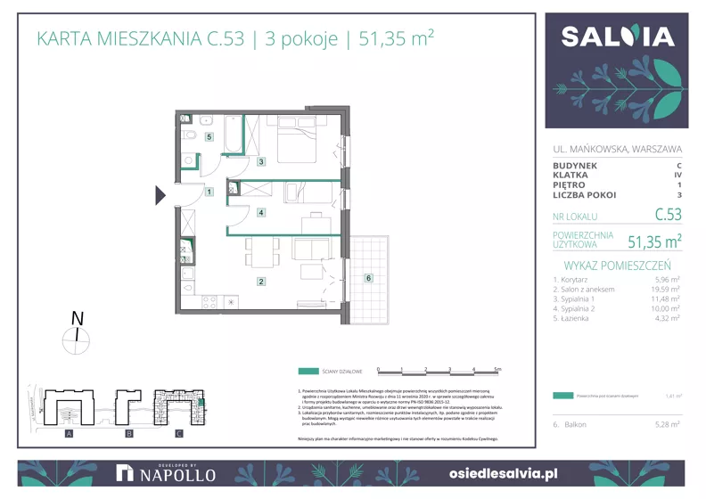 3 pokoje, mieszkanie 51,35 m², piętro 1, oferta nr C.53, Osiedle Salvia, Warszawa, Białołęka, Kobiałka, ul. Mańkowska