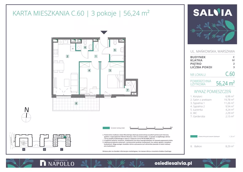 3 pokoje, mieszkanie 56,24 m², piętro 2, oferta nr C.60, Osiedle Salvia, Warszawa, Białołęka, Kobiałka, ul. Mańkowska