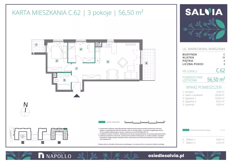 3 pokoje, mieszkanie 56,50 m², piętro 2, oferta nr C.62, Osiedle Salvia, Warszawa, Białołęka, Kobiałka, ul. Mańkowska