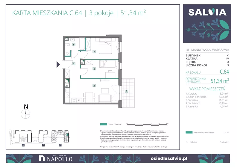 3 pokoje, mieszkanie 51,34 m², piętro 2, oferta nr C.64, Osiedle Salvia, Warszawa, Białołęka, Kobiałka, ul. Mańkowska