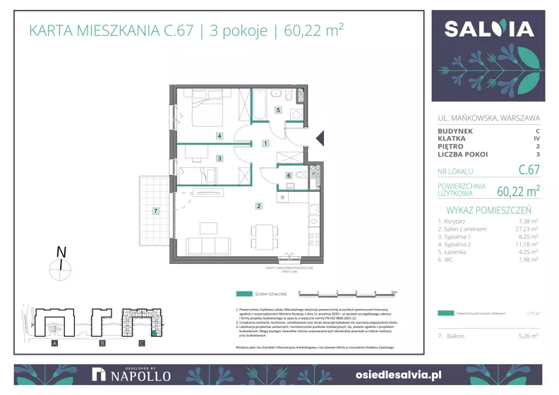 3 pokoje, mieszkanie 60,22 m², piętro 2, oferta nr C.67, Osiedle Salvia, Warszawa, Białołęka, Kobiałka, ul. Mańkowska