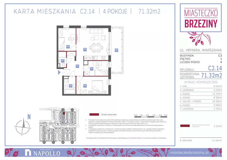 4 pokoje, mieszkanie 71,27 m², piętro 1, oferta nr C2.14, Miasteczko Brzeziny II, Warszawa, Białołęka, Brzeziny, ul. Hemara