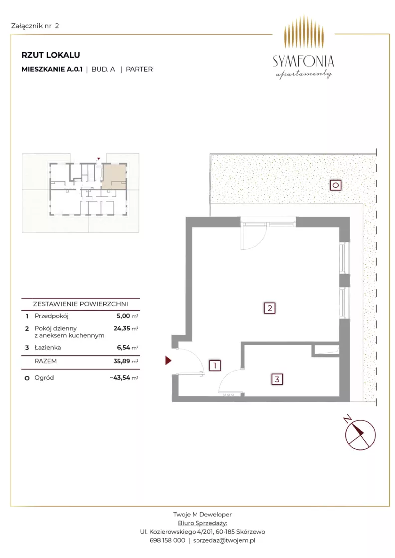 1 pokój, mieszkanie 35,89 m², parter, oferta nr A.0.1, Apartamenty Symfonia etap 1, Skórzewo, ul. Mozarta 2