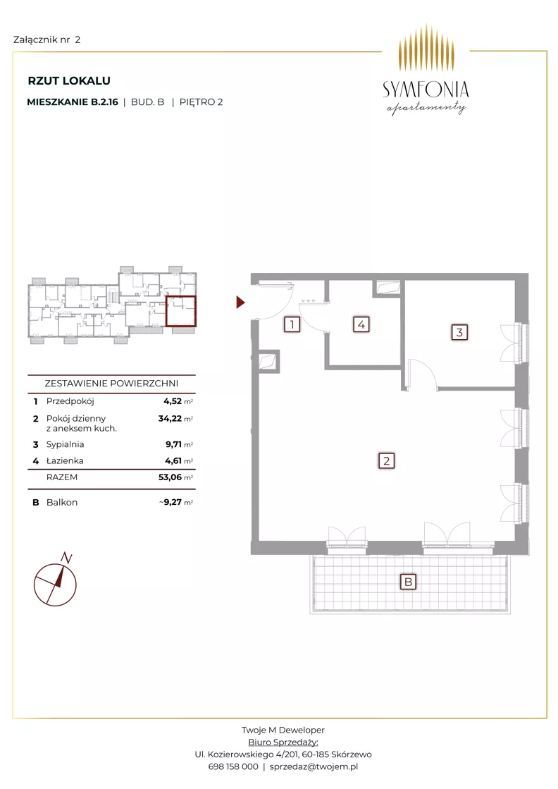 2 pokoje, mieszkanie 53,06 m², piętro 2, oferta nr B.2.16, Apartamenty Symfonia etap 1, Skórzewo, ul. Mozarta 2