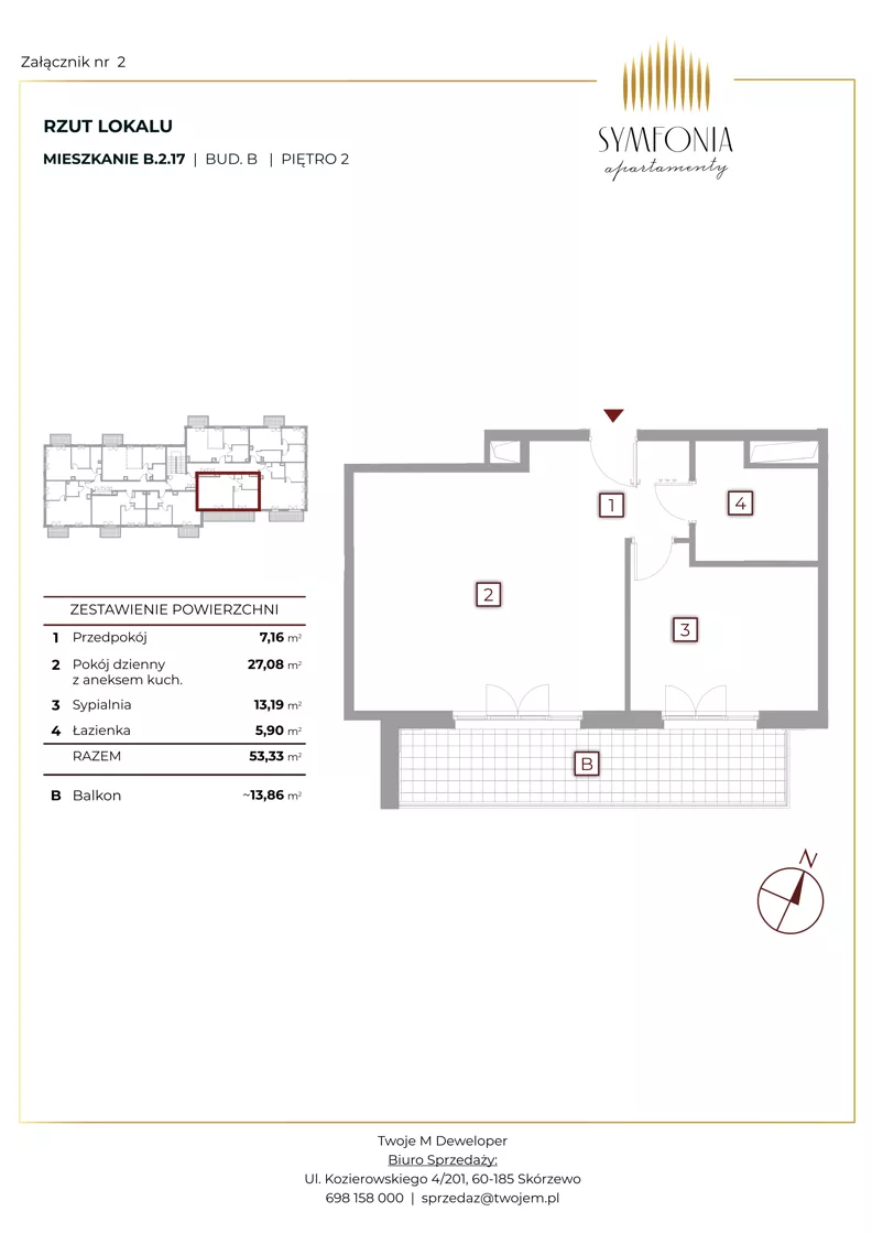 2 pokoje, mieszkanie 53,33 m², piętro 2, oferta nr B.2.17, Apartamenty Symfonia etap 1, Skórzewo, ul. Mozarta 2