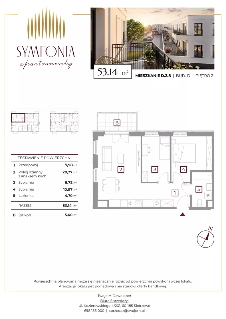 3 pokoje, mieszkanie 53,14 m², piętro 2, oferta nr D.2.8, Apartamenty Symfonia etap 2, Skórzewo, ul. Mozarta 2