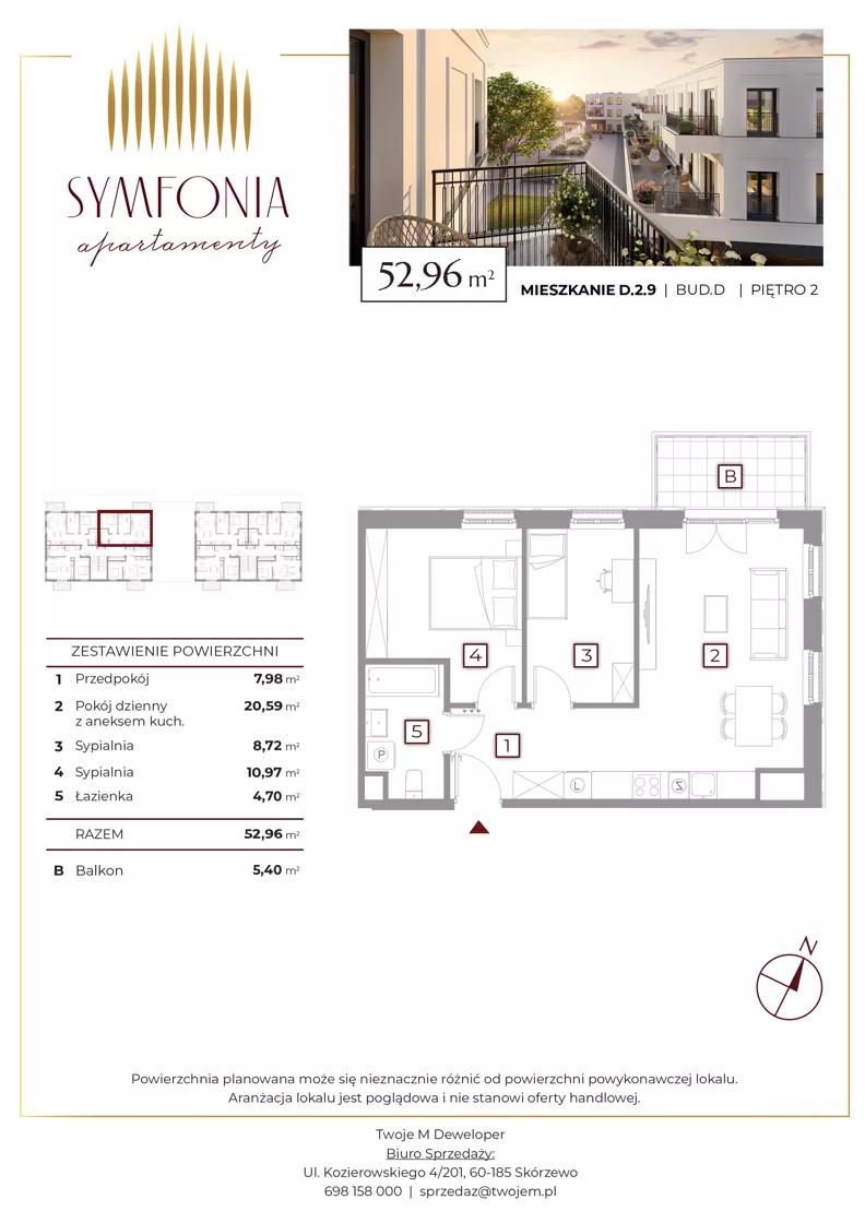 3 pokoje, mieszkanie 52,96 m², piętro 2, oferta nr D.2.9, Apartamenty Symfonia etap 2, Skórzewo, ul. Mozarta 2