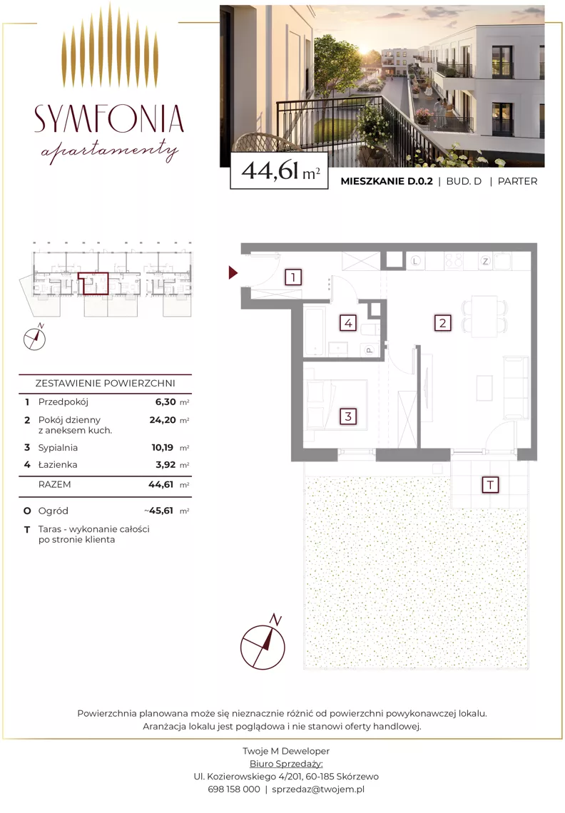 2 pokoje, mieszkanie 44,61 m², parter, oferta nr D.0.2, Apartamenty Symfonia etap 2, Skórzewo, ul. Mozarta 2
