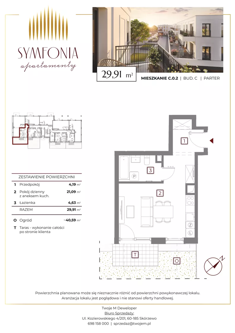 1 pokój, mieszkanie 29,91 m², parter, oferta nr C.0.2, Apartamenty Symfonia etap 2, Skórzewo, ul. Mozarta 2