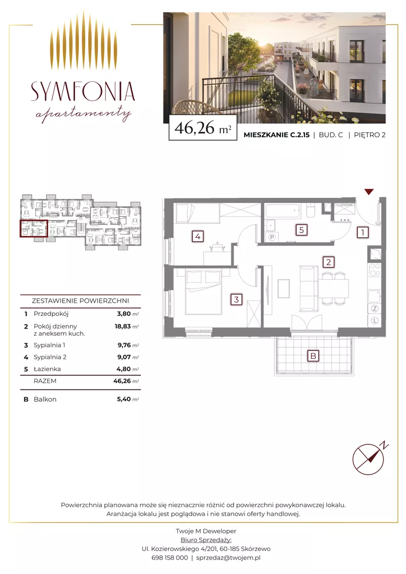 3 pokoje, mieszkanie 46,26 m², piętro 2, oferta nr C.2.15, Apartamenty Symfonia etap 2, Skórzewo, ul. Mozarta 2