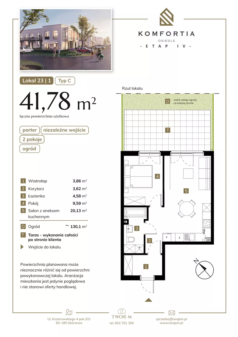 2 pokoje, mieszkanie 41,78 m², parter, oferta nr 23-1, Komfortia, Skórzewo, ul. Chopina