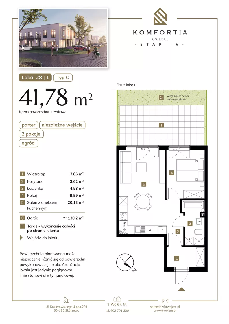 2 pokoje, mieszkanie 41,78 m², parter, oferta nr 28-1, Komfortia, Skórzewo, ul. Chopina