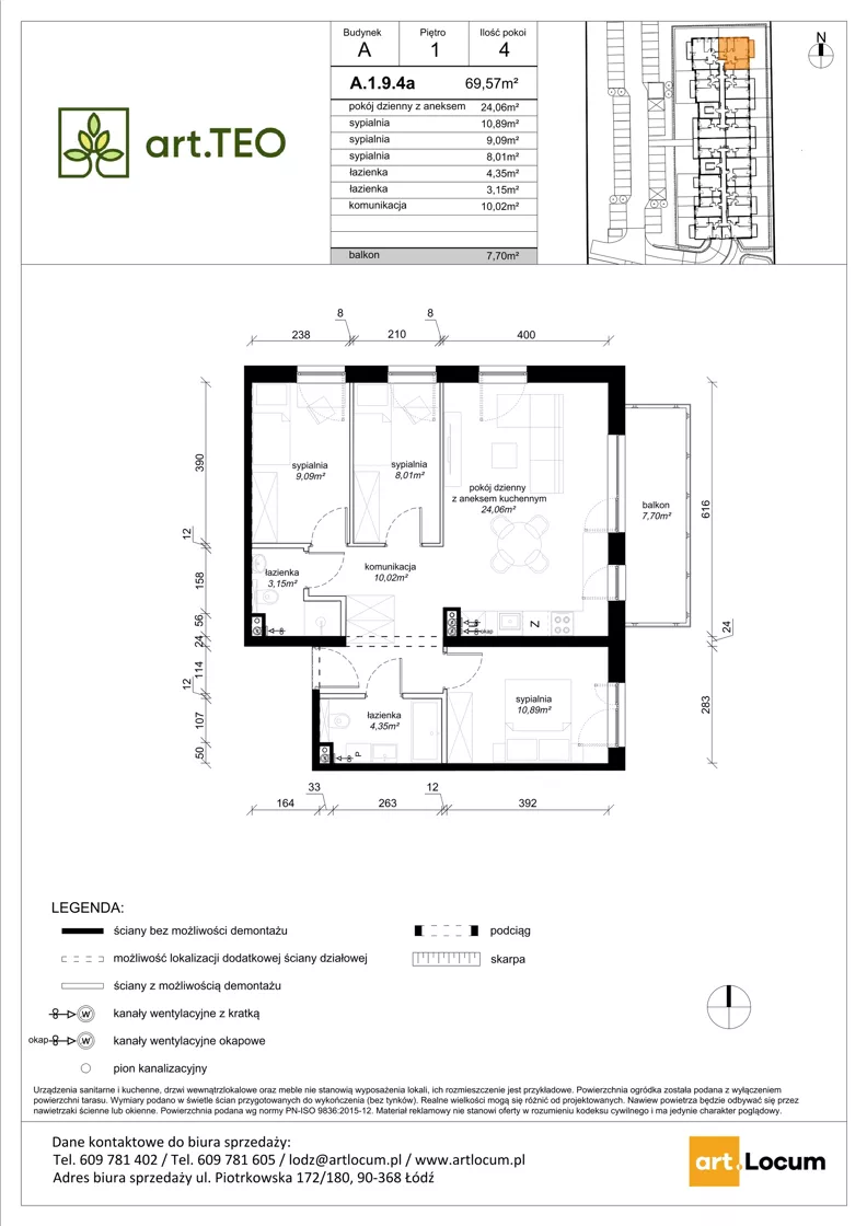 4 pokoje, mieszkanie 69,57 m², piętro 1, oferta nr A.1.9.4a, art.TEO - bud. A, Łódź, Polesie, Teofilów, ul. Kaczeńcowa