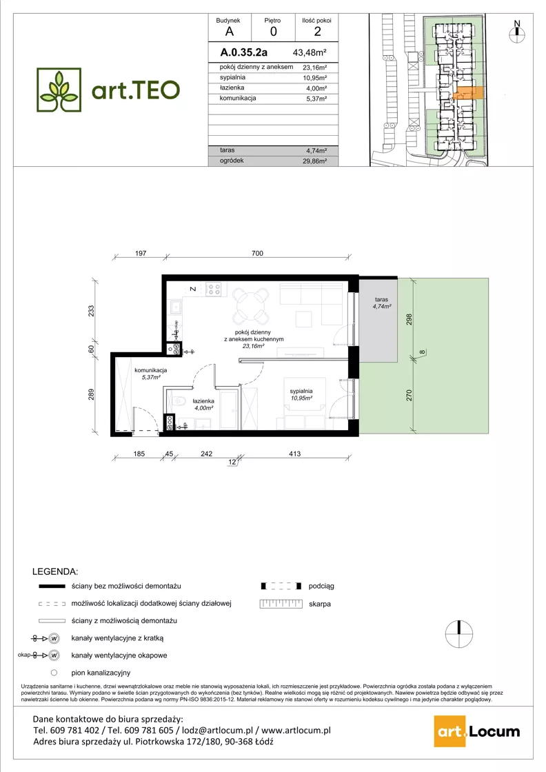 2 pokoje, mieszkanie 43,48 m², parter, oferta nr A.0.35.2a, art.TEO - bud. A, Łódź, Polesie, Teofilów, ul. Kaczeńcowa