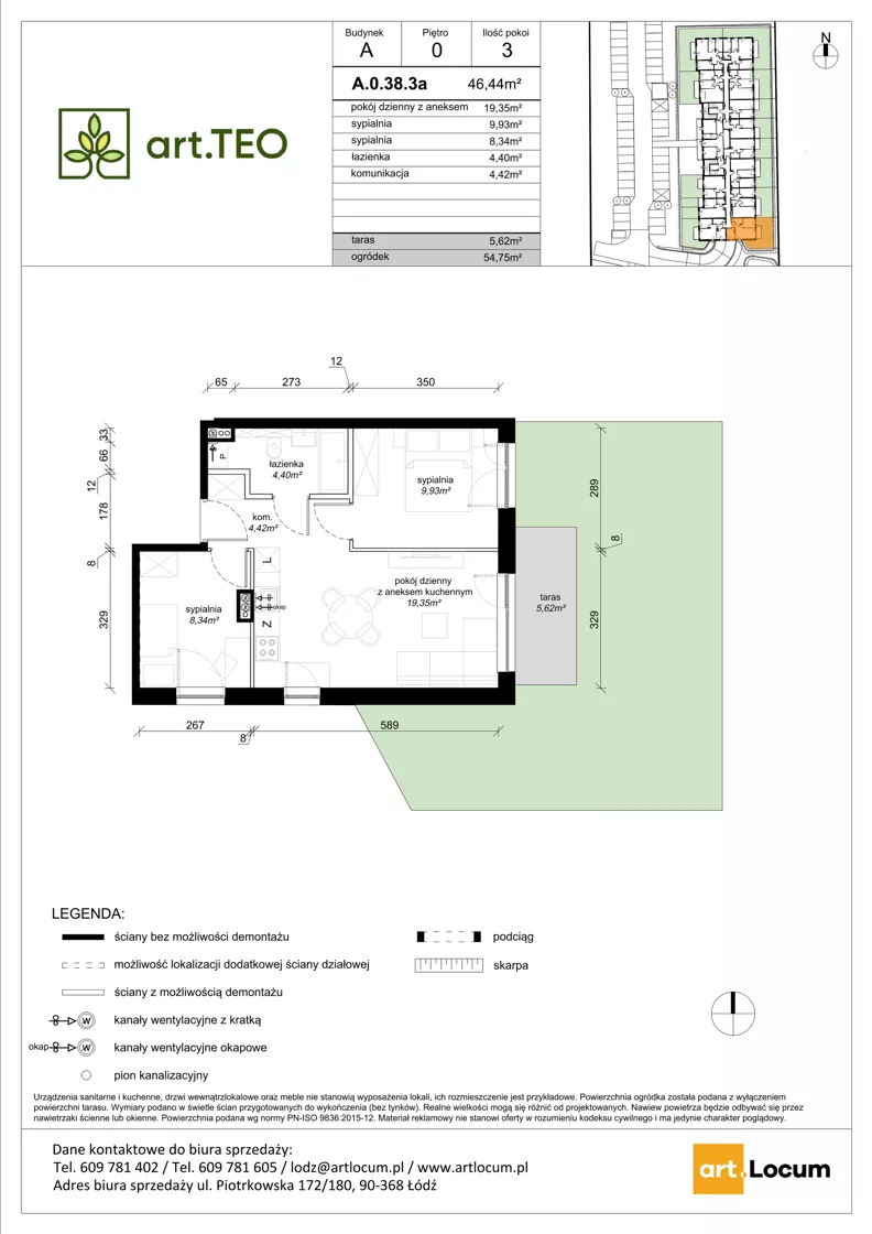 3 pokoje, mieszkanie 46,44 m², parter, oferta nr A.0.38.3a, art.TEO - bud. A, Łódź, Polesie, Teofilów, ul. Kaczeńcowa