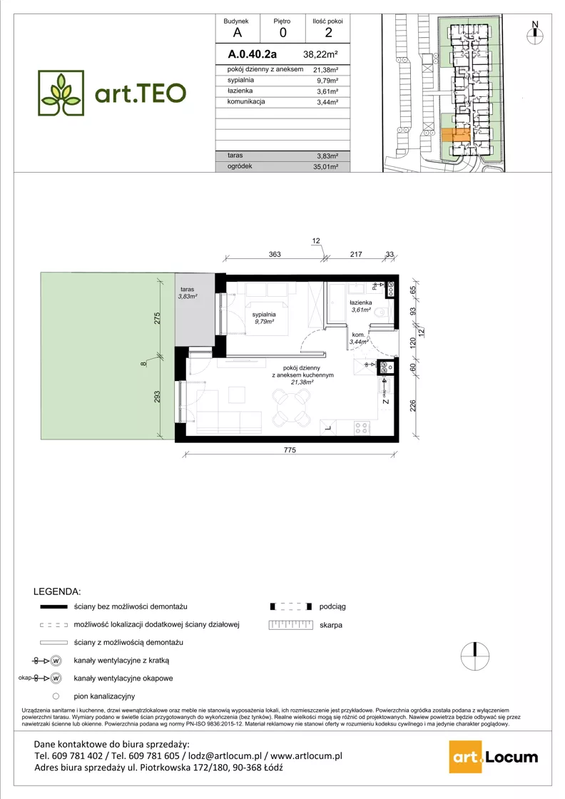2 pokoje, mieszkanie 38,22 m², parter, oferta nr A.0.40.2a, art.TEO - bud. A, Łódź, Polesie, Teofilów, ul. Kaczeńcowa