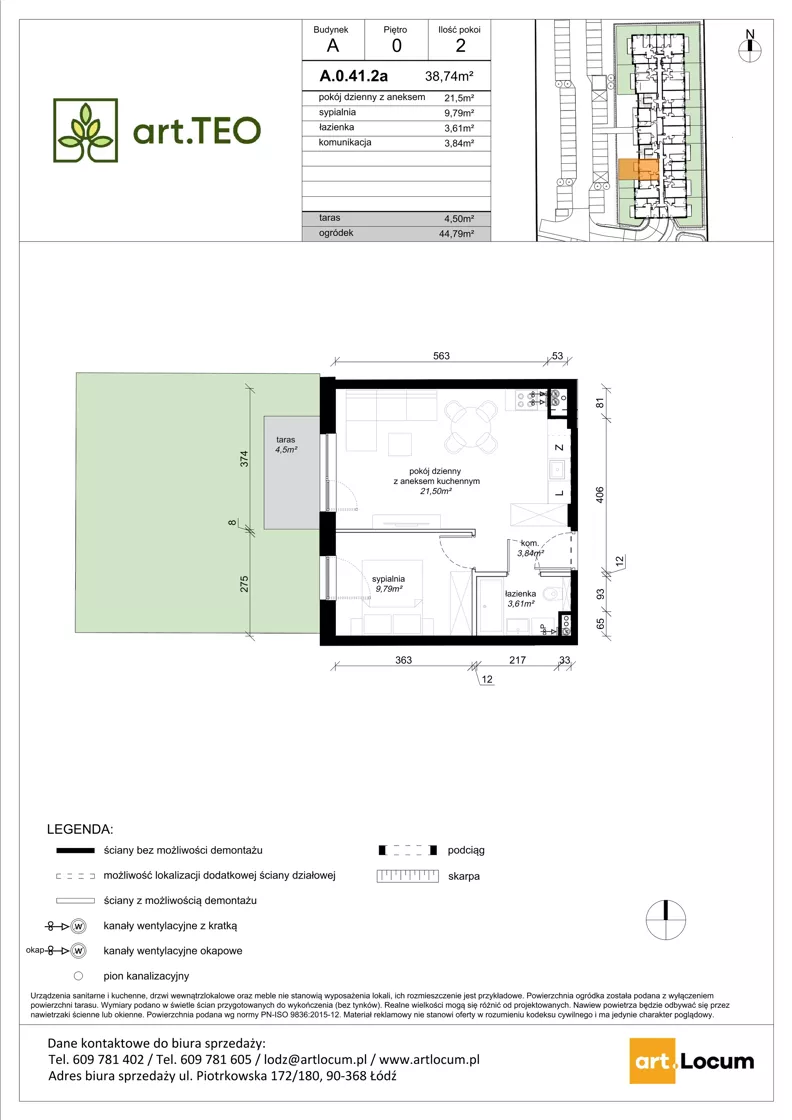 2 pokoje, mieszkanie 38,74 m², parter, oferta nr A.0.41.2a, art.TEO - bud. A, Łódź, Polesie, Teofilów, ul. Kaczeńcowa
