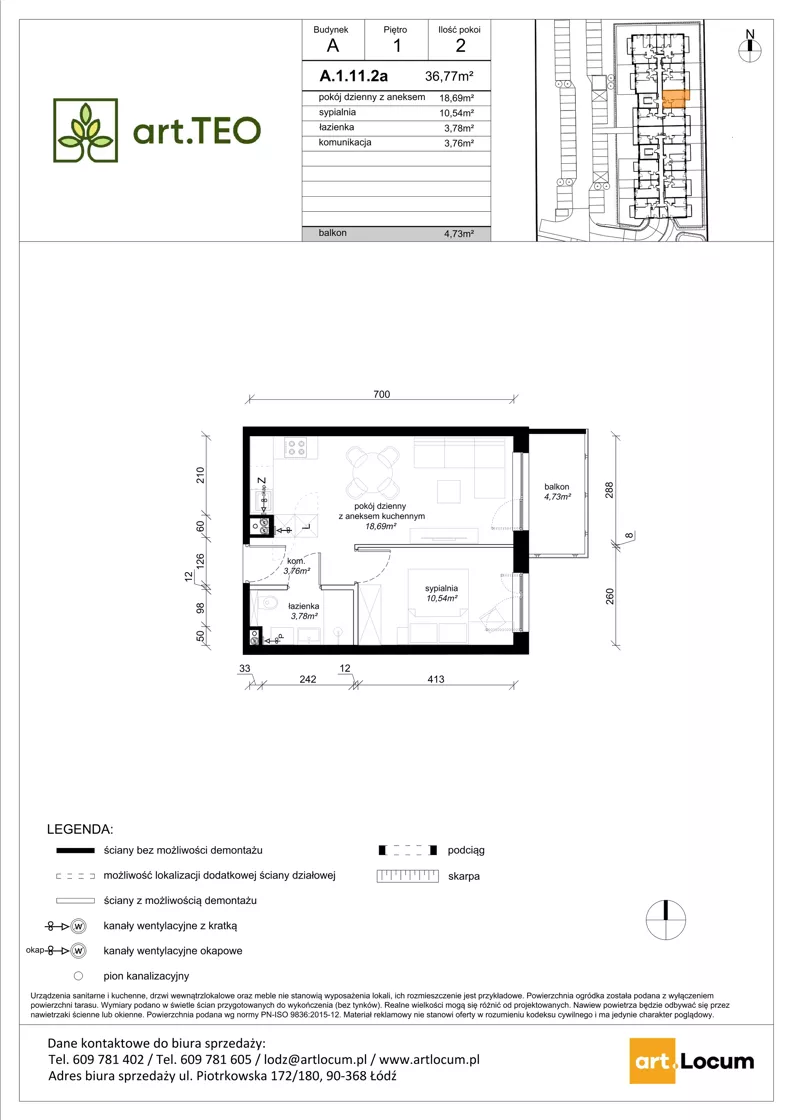 2 pokoje, mieszkanie 36,77 m², piętro 1, oferta nr A.1.11.2a, art.TEO - bud. A, Łódź, Polesie, Teofilów, ul. Kaczeńcowa