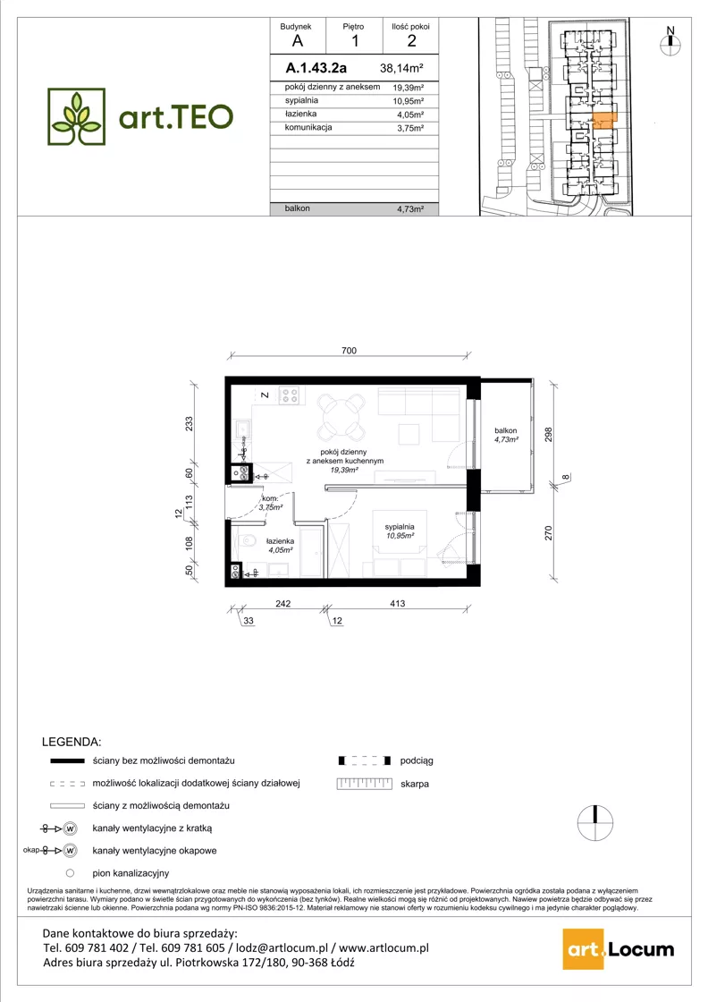 2 pokoje, mieszkanie 38,14 m², piętro 1, oferta nr A.1.43.2a, art.TEO - bud. A, Łódź, Polesie, Teofilów, ul. Kaczeńcowa