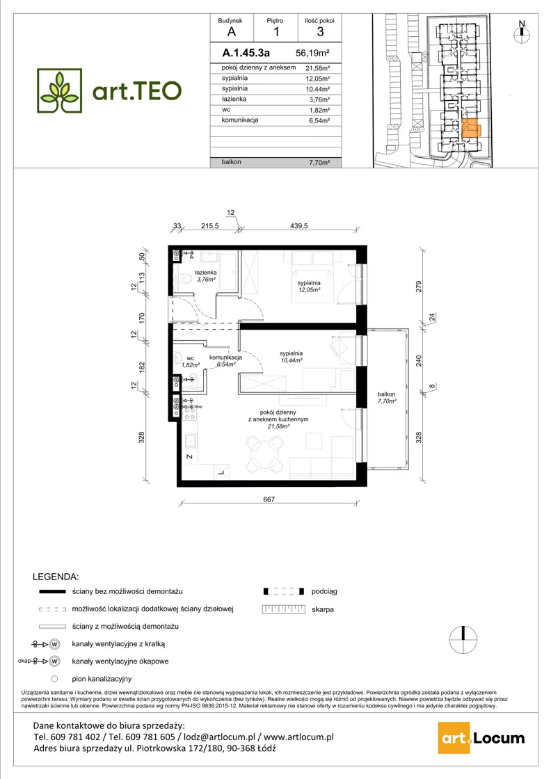 3 pokoje, mieszkanie 56,19 m², piętro 1, oferta nr A.1.45.3a, art.TEO - bud. A, Łódź, Polesie, Teofilów, ul. Kaczeńcowa