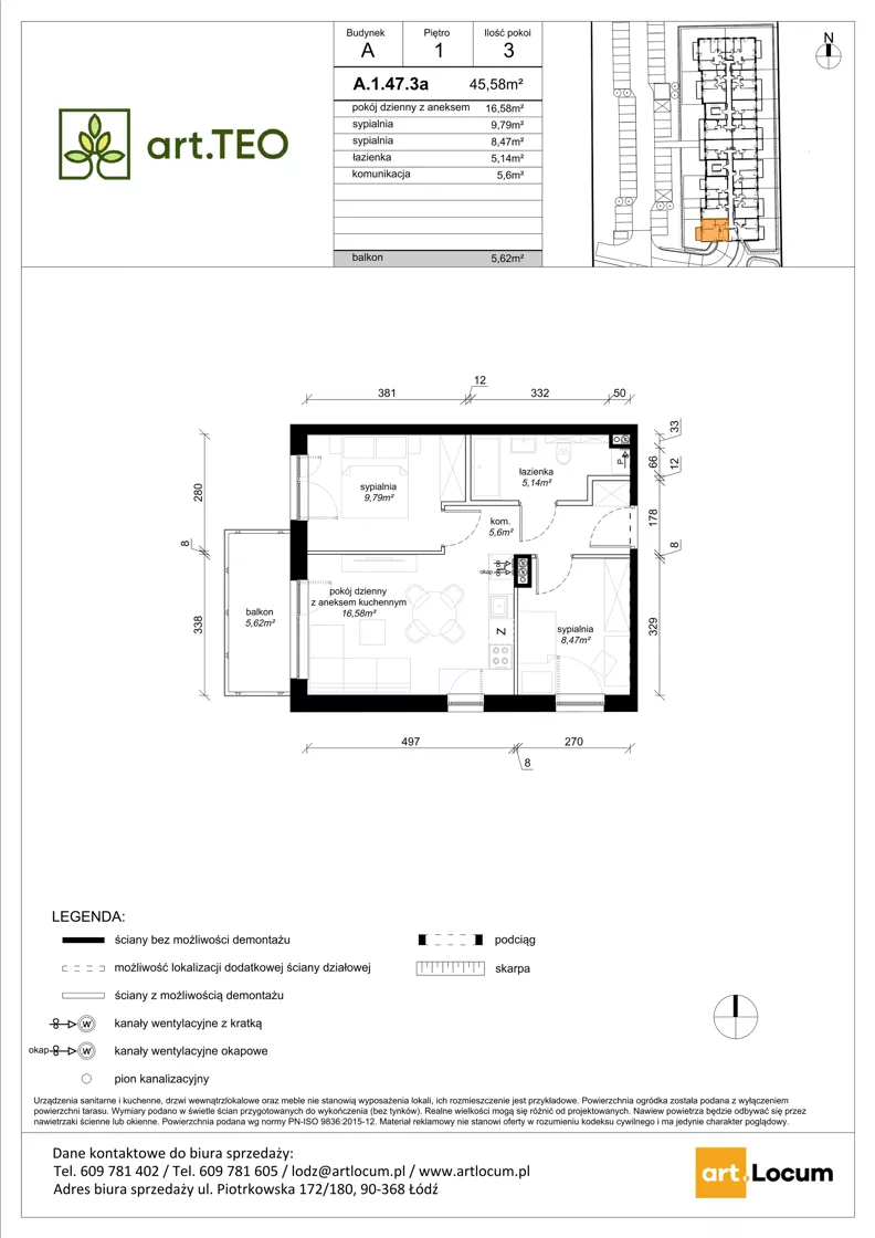 3 pokoje, mieszkanie 45,58 m², piętro 1, oferta nr A.1.47.3a, art.TEO - bud. A, Łódź, Polesie, Teofilów, ul. Kaczeńcowa