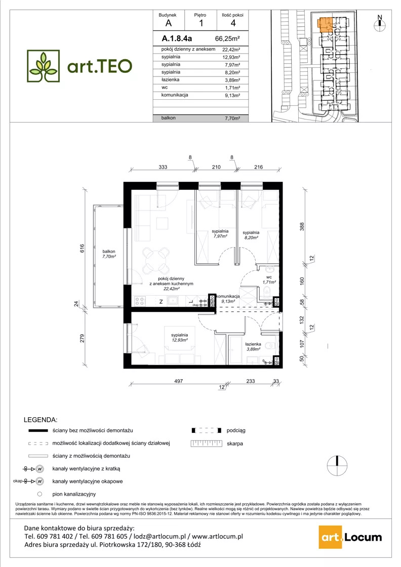 4 pokoje, mieszkanie 66,22 m², piętro 1, oferta nr A.1.8.4a, art.TEO - bud. A, Łódź, Polesie, Teofilów, ul. Kaczeńcowa