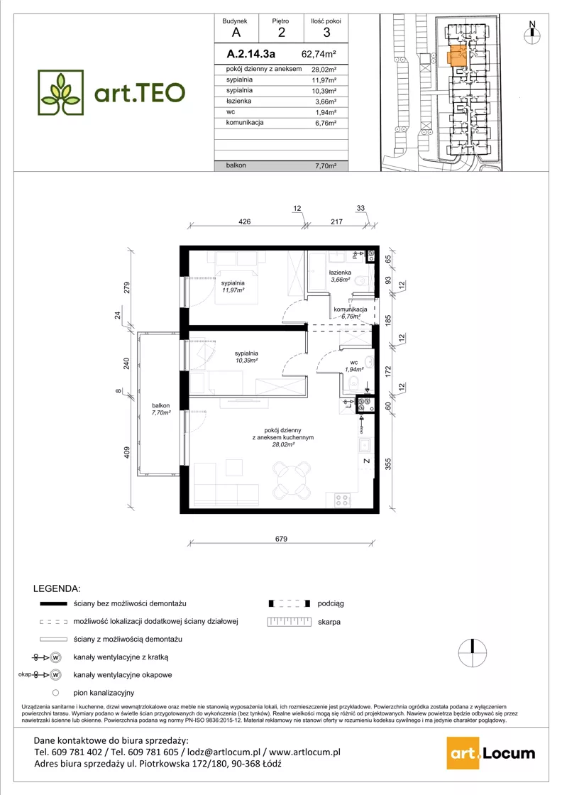 3 pokoje, mieszkanie 62,74 m², piętro 2, oferta nr A.2.14.3a, art.TEO - bud. A, Łódź, Polesie, Teofilów, ul. Kaczeńcowa