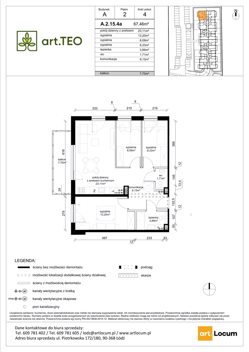 4 pokoje, mieszkanie 67,46 m², piętro 2, oferta nr A.2.15.4a, art.TEO - bud. A, Łódź, Polesie, Teofilów, ul. Kaczeńcowa