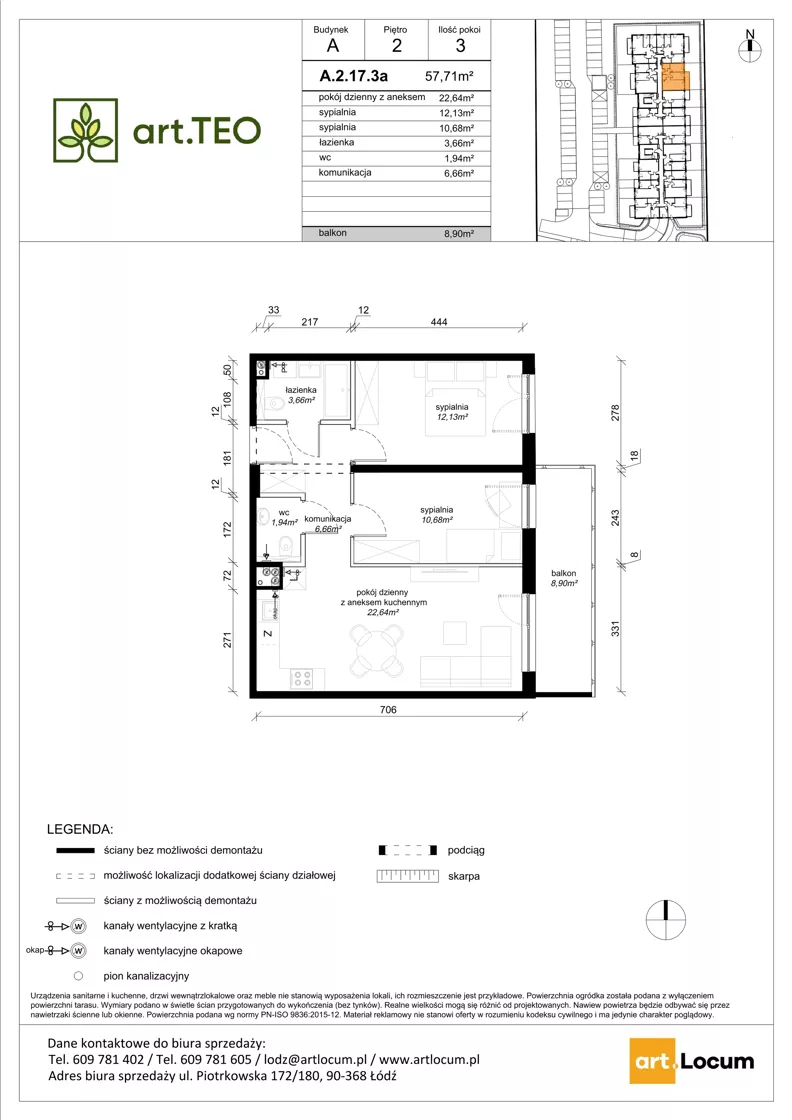 3 pokoje, mieszkanie 57,71 m², piętro 2, oferta nr A.2.17.3a, art.TEO - bud. A, Łódź, Polesie, Teofilów, ul. Kaczeńcowa