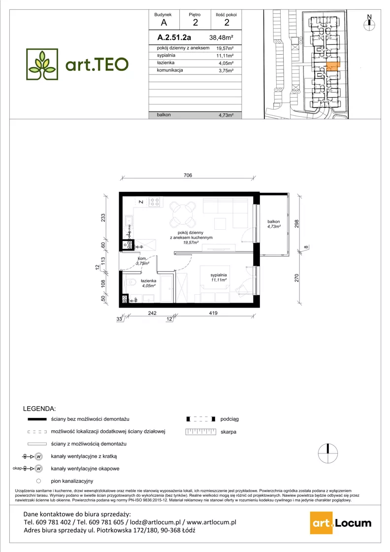 2 pokoje, mieszkanie 38,48 m², piętro 2, oferta nr A.2.51.2a, art.TEO - bud. A, Łódź, Polesie, Teofilów, ul. Kaczeńcowa