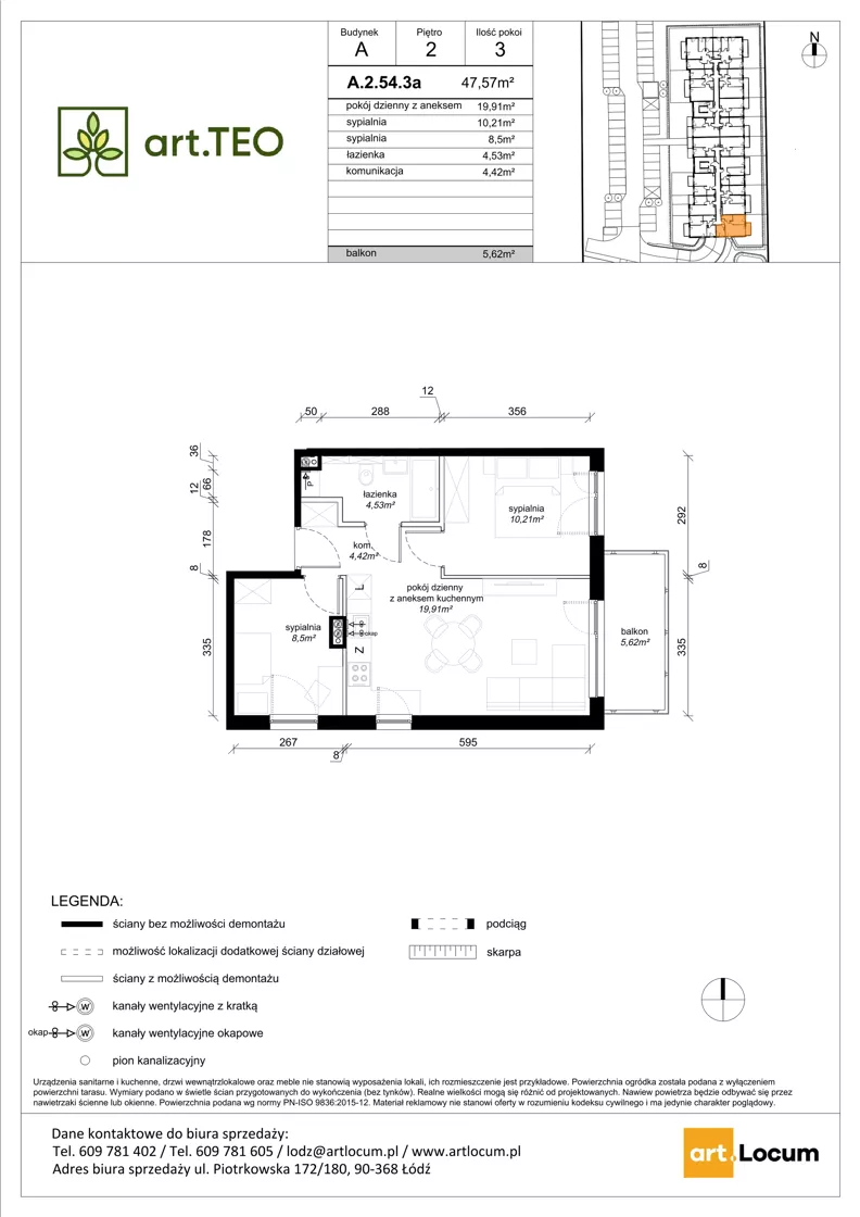 3 pokoje, mieszkanie 47,57 m², piętro 2, oferta nr A.2.54.3a, art.TEO - bud. A, Łódź, Polesie, Teofilów, ul. Kaczeńcowa