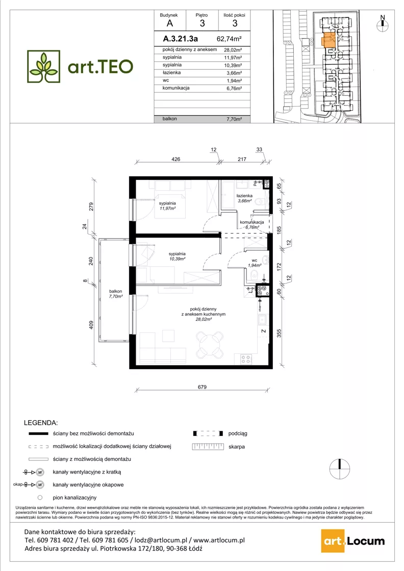3 pokoje, mieszkanie 62,74 m², piętro 3, oferta nr A.3.21.3a, art.TEO - bud. A, Łódź, Polesie, Teofilów, ul. Kaczeńcowa