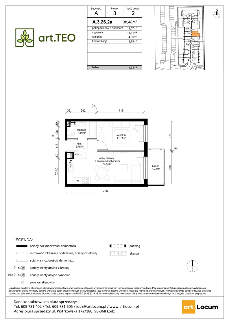 2 pokoje, mieszkanie 38,48 m², piętro 3, oferta nr A.3.26.2a, art.TEO - bud. A, Łódź, Polesie, Teofilów, ul. Kaczeńcowa