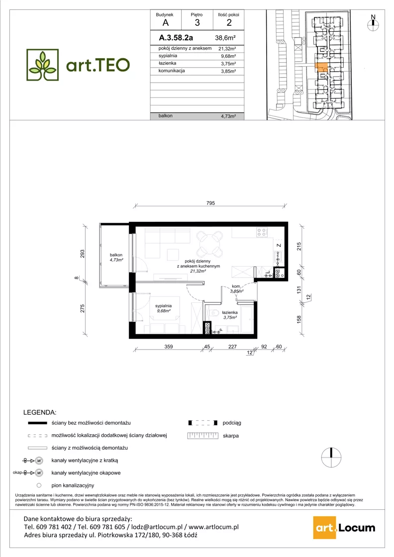 2 pokoje, mieszkanie 38,60 m², piętro 3, oferta nr A.3.58.2a, art.TEO - bud. A, Łódź, Polesie, Teofilów, ul. Kaczeńcowa