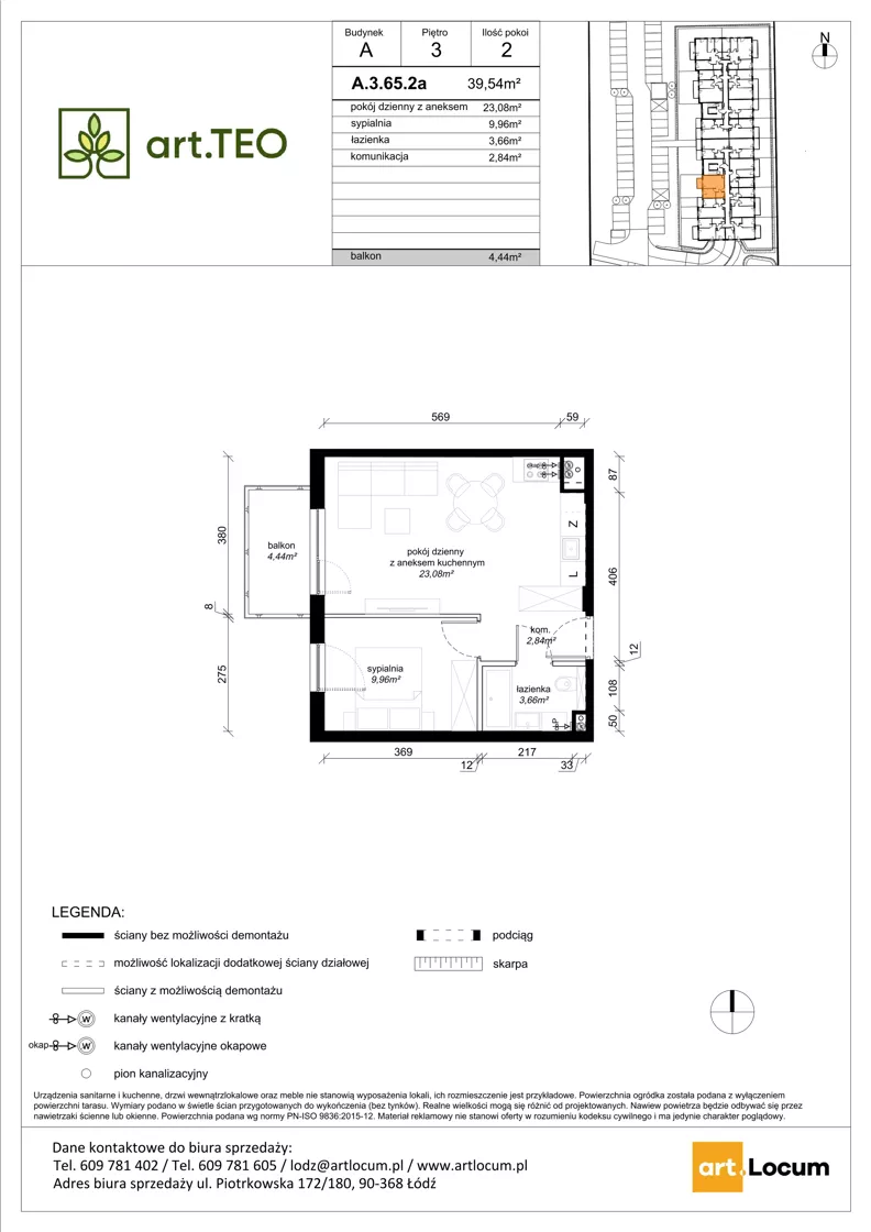 2 pokoje, mieszkanie 39,54 m², piętro 3, oferta nr A.3.65.2a, art.TEO - bud. A, Łódź, Polesie, Teofilów, ul. Kaczeńcowa