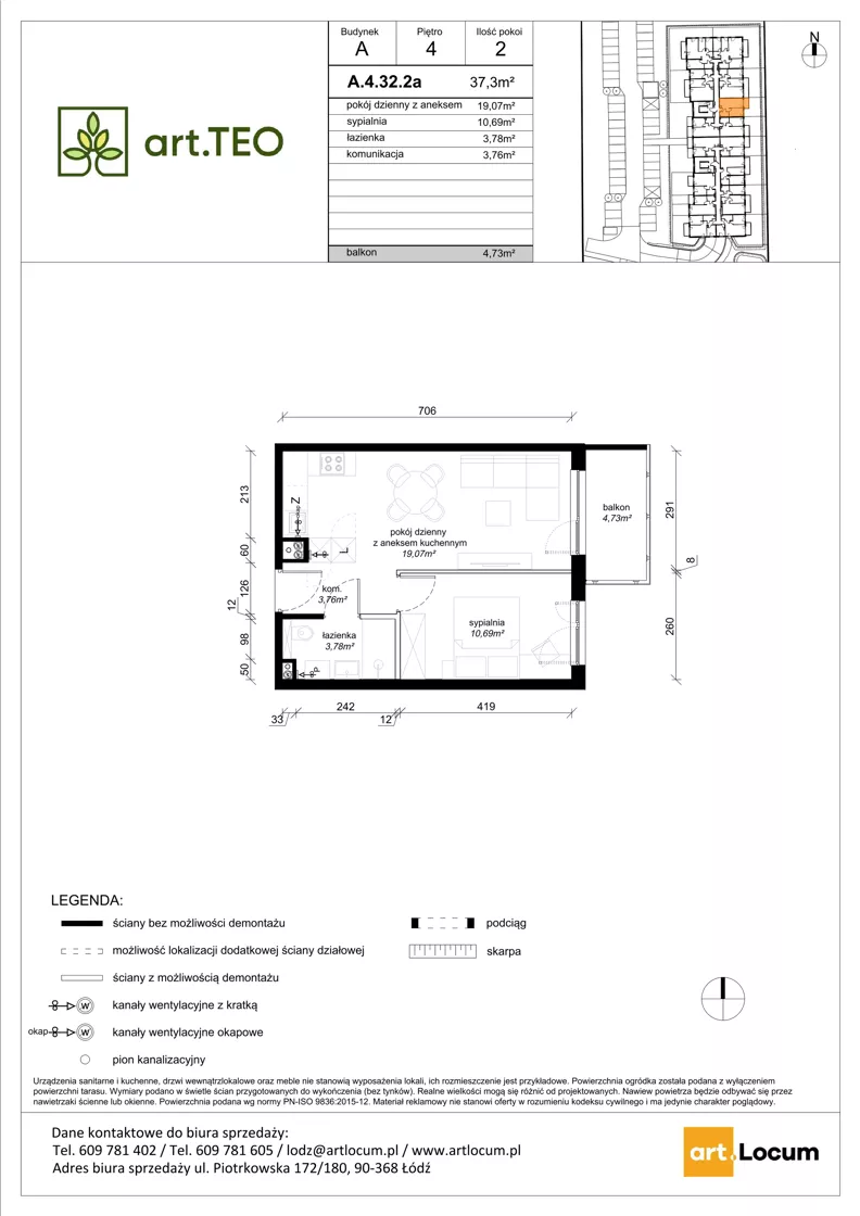 2 pokoje, mieszkanie 36,30 m², piętro 4, oferta nr A.4.32.2a, art.TEO - bud. A, Łódź, Polesie, Teofilów, ul. Kaczeńcowa