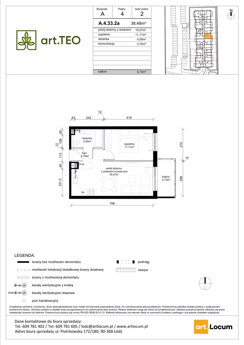 2 pokoje, mieszkanie 38,48 m², piętro 4, oferta nr A.4.33.2a, art.TEO - bud. A, Łódź, Polesie, Teofilów, ul. Kaczeńcowa