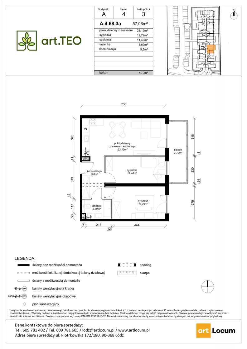 3 pokoje, mieszkanie 57,06 m², piętro 4, oferta nr A.4.68.3a, art.TEO - bud. A, Łódź, Polesie, Teofilów, ul. Kaczeńcowa