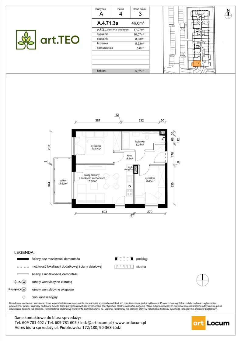 3 pokoje, mieszkanie 46,60 m², piętro 4, oferta nr A.4.71.3a, art.TEO - bud. A, Łódź, Polesie, Teofilów, ul. Kaczeńcowa