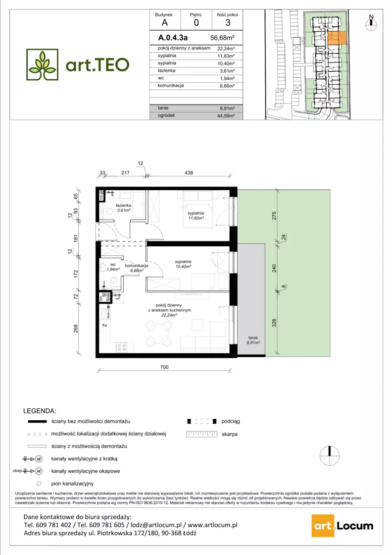 3 pokoje, mieszkanie 56,68 m², parter, oferta nr A.0.4.3a, art.TEO - bud. A, Łódź, Polesie, Teofilów, ul. Kaczeńcowa
