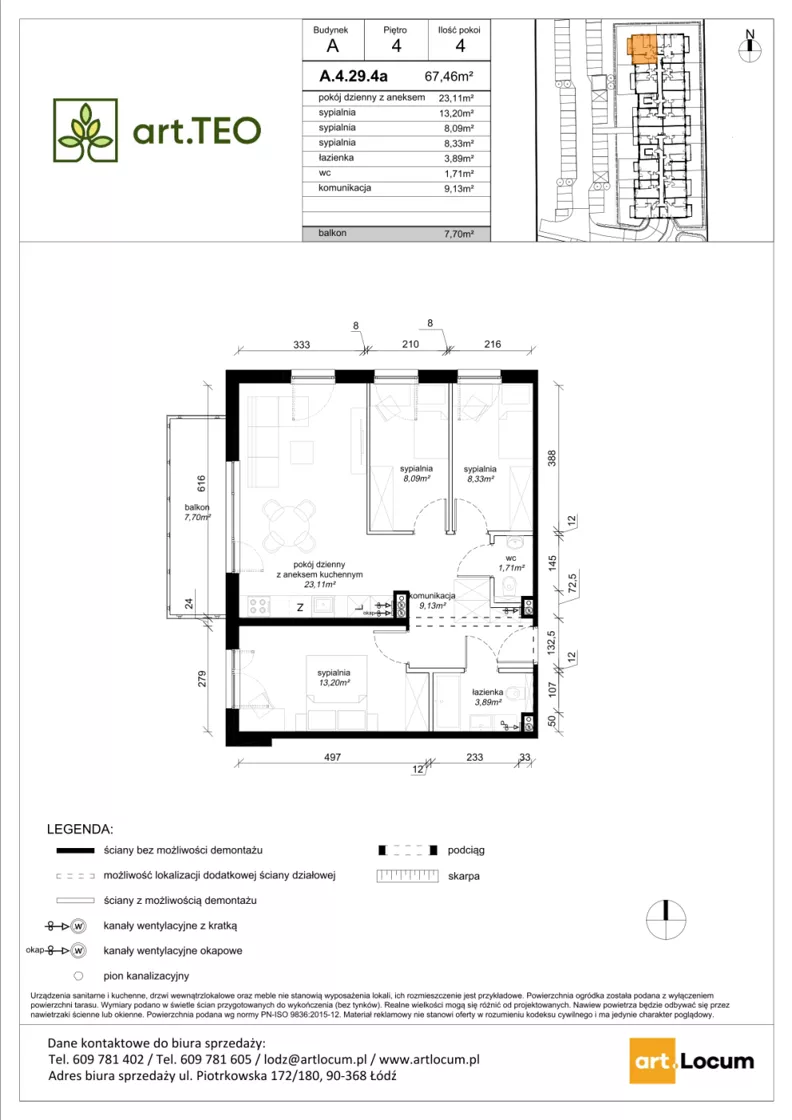 4 pokoje, mieszkanie 67,48 m², piętro 4, oferta nr A.4.29.4a, art.TEO - bud. A, Łódź, Polesie, Teofilów, ul. Kaczeńcowa