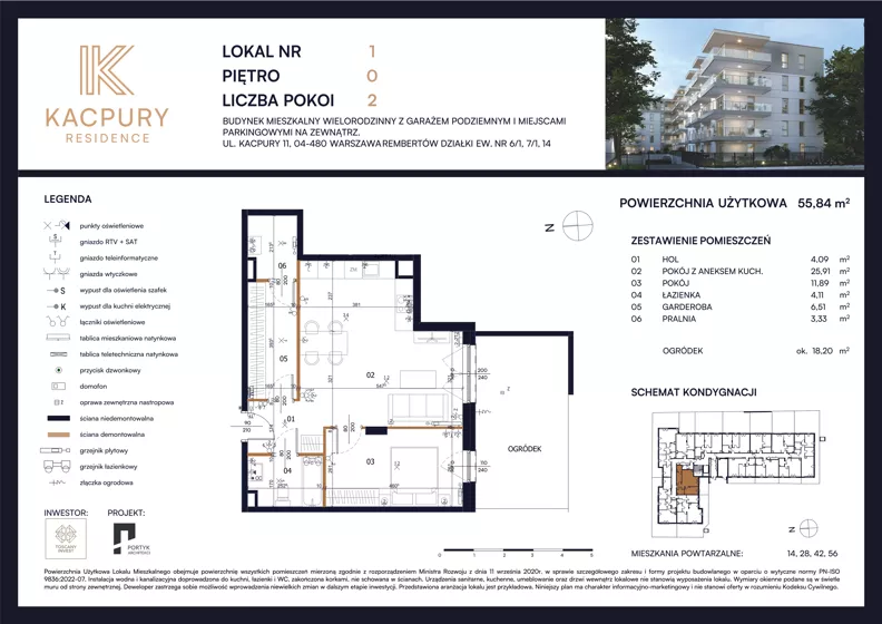 2 pokoje, mieszkanie 55,84 m², parter, oferta nr M01, Kacpury Residence, Warszawa, Rembertów, Nowy Rembertów, ul. Antoniego Kacpury
