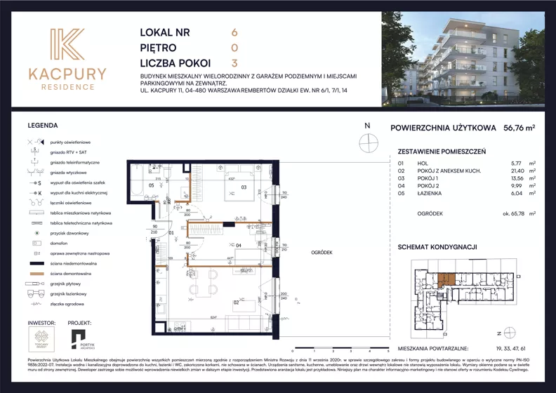 3 pokoje, mieszkanie 56,76 m², parter, oferta nr M06, Kacpury Residence, Warszawa, Rembertów, Nowy Rembertów, ul. Antoniego Kacpury