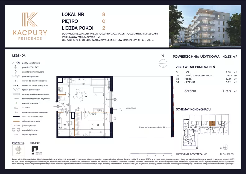 2 pokoje, mieszkanie 42,35 m², parter, oferta nr M08, Kacpury Residence, Warszawa, Rembertów, Nowy Rembertów, ul. Antoniego Kacpury