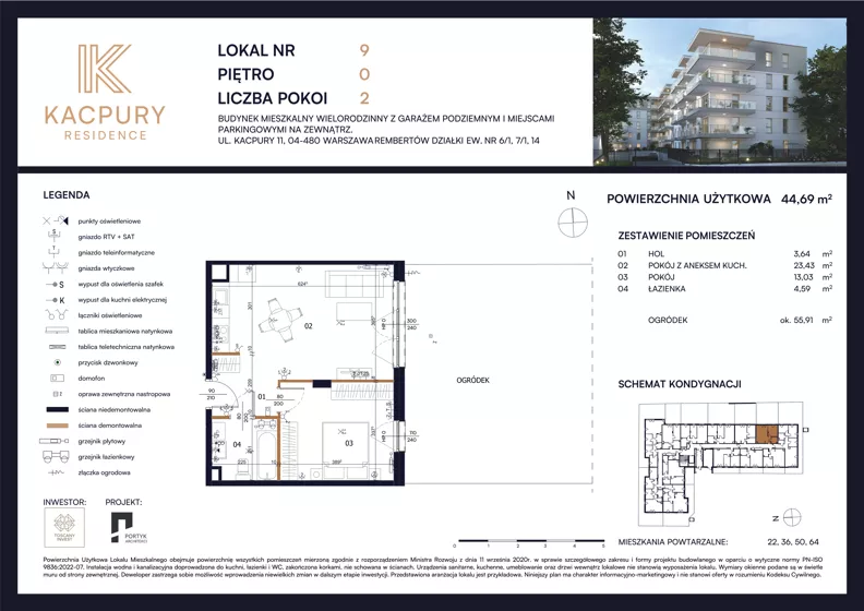 2 pokoje, mieszkanie 44,69 m², parter, oferta nr M09, Kacpury Residence, Warszawa, Rembertów, Nowy Rembertów, ul. Antoniego Kacpury