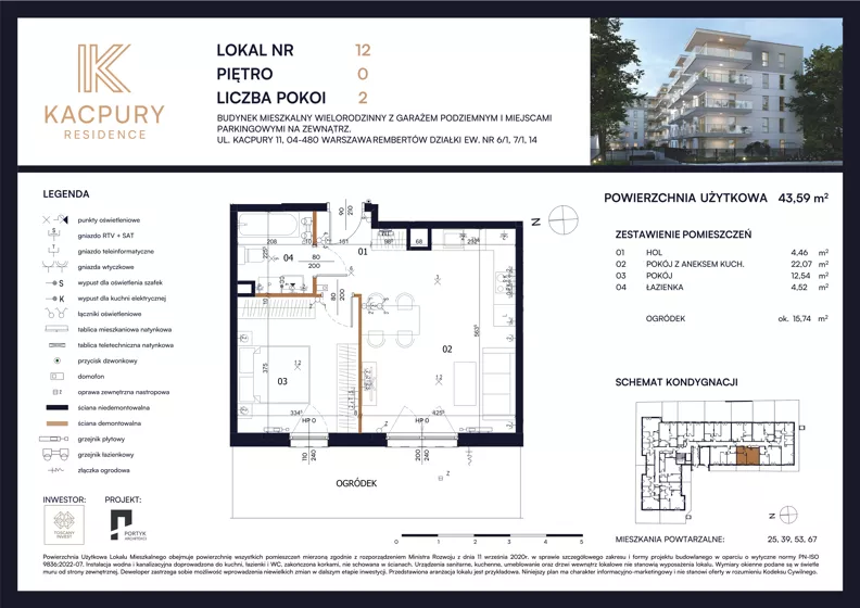 2 pokoje, mieszkanie 43,59 m², parter, oferta nr M12, Kacpury Residence, Warszawa, Rembertów, Nowy Rembertów, ul. Antoniego Kacpury