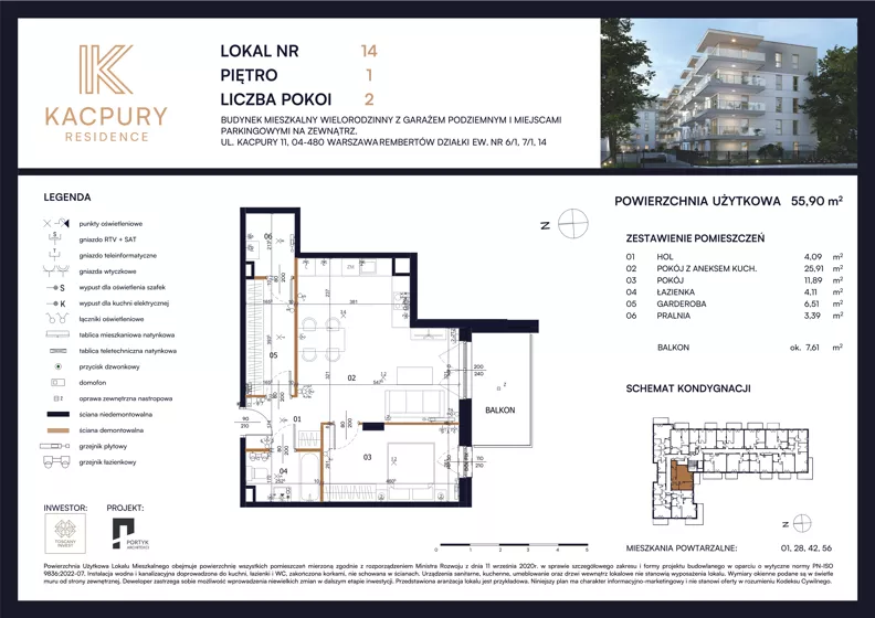 2 pokoje, mieszkanie 55,90 m², piętro 1, oferta nr M14, Kacpury Residence, Warszawa, Rembertów, Nowy Rembertów, ul. Antoniego Kacpury