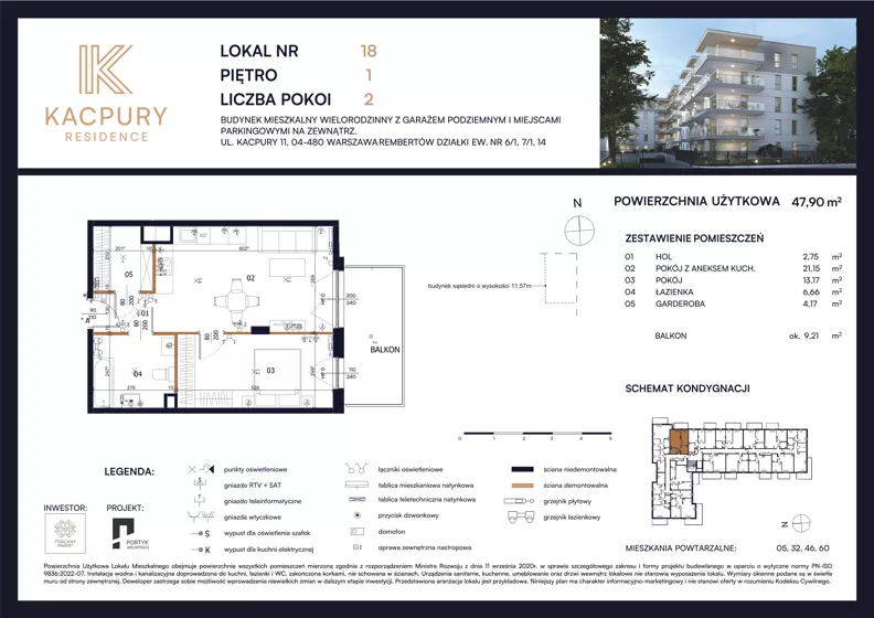 2 pokoje, mieszkanie 47,90 m², piętro 1, oferta nr M18, Kacpury Residence, Warszawa, Rembertów, Nowy Rembertów, ul. Antoniego Kacpury